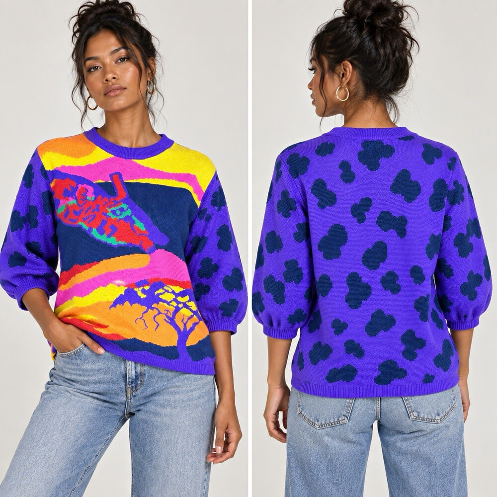 Vtg 90s Safari Sweater African Tribal Animal Print Colorful Novelty Knit M Artsy